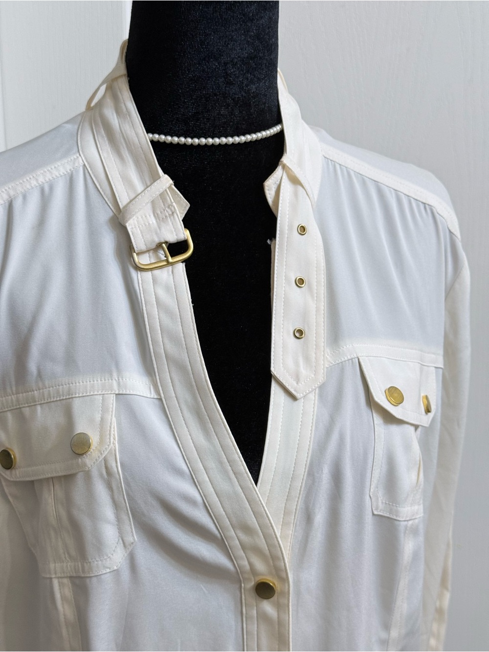 Cache 95% Silk Ivory/Cream Utility Shirt Blouse with Gold-Tone Accents Size XL